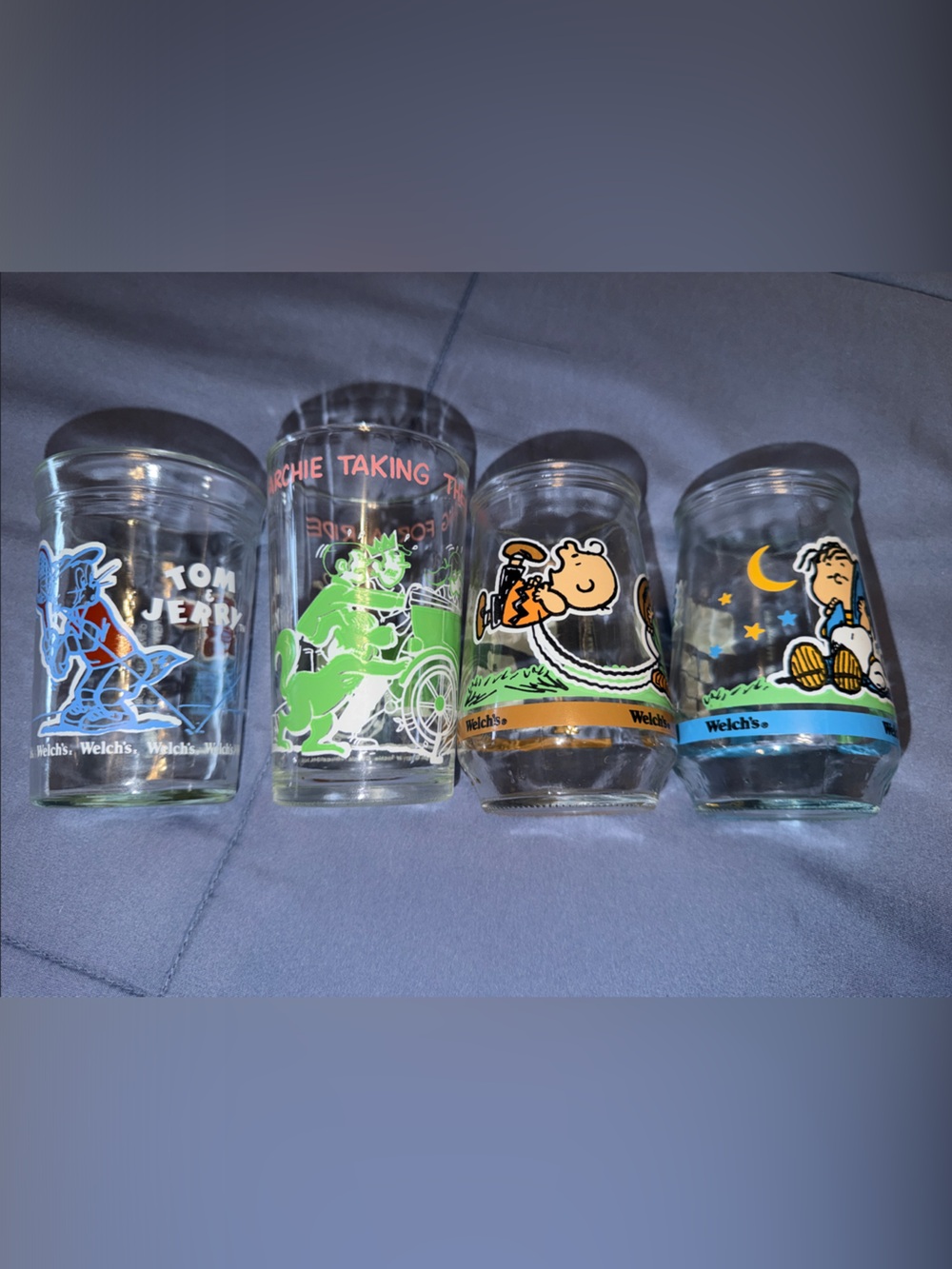 Vintage Cartoon jelly Glasses 4 with Colorful Character Prints Tom Jerry Peanuts